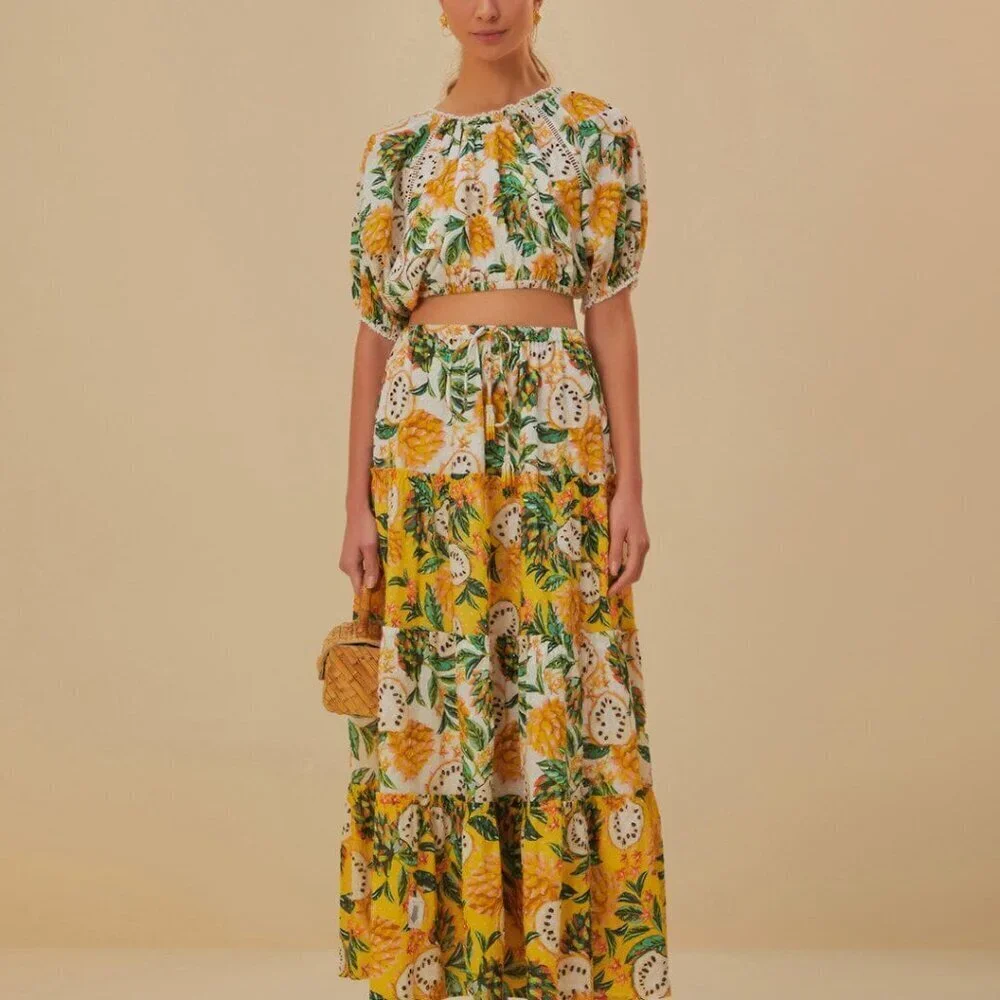 NWT FARM Rio Off-White Biriba Cropped Top Yellow Green Floral Puff Sleeve Blouse